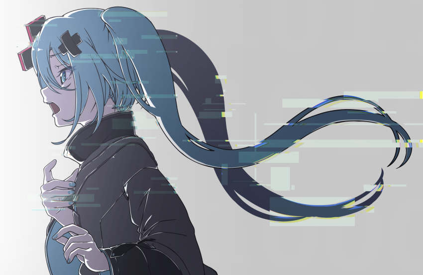 1girl aqua_eyes aqua_hair aqua_nails batsu_miku from_side gokuu_(acoloredpencil) grey_background grey_jacket hair_ornament hatsune_miku highres jacket kowareta_sekai_to_utaenai_miku long_hair long_sleeves open_mouth project_sekai simple_background solo turtleneck turtleneck_jacket twintails very_long_hair wide_sleeves x_hair_ornament