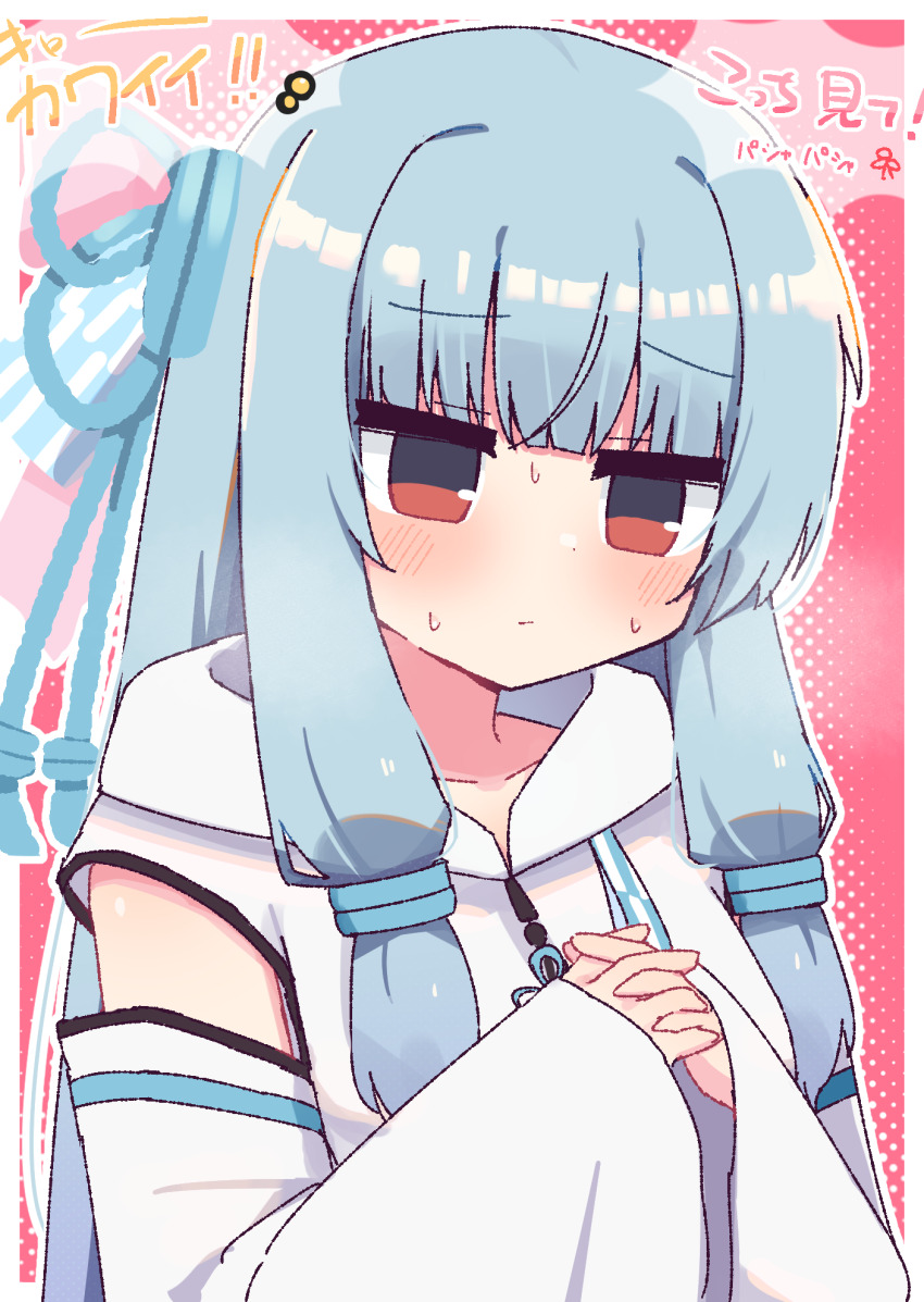 1girl bare_shoulders blue_hair blue_ribbon blunt_bangs blush border closed_mouth collarbone commentary dated_commentary detached_sleeves hair_ribbon hibino_000 highres kotonoha_aoi long_hair outline outside_border own_hands_together red_background red_eyes ribbon shirt sidelocks sleeveless sleeveless_shirt solo sweat translation_request upper_body voiceroid white_border white_outline white_shirt white_sleeves wide_sleeves
