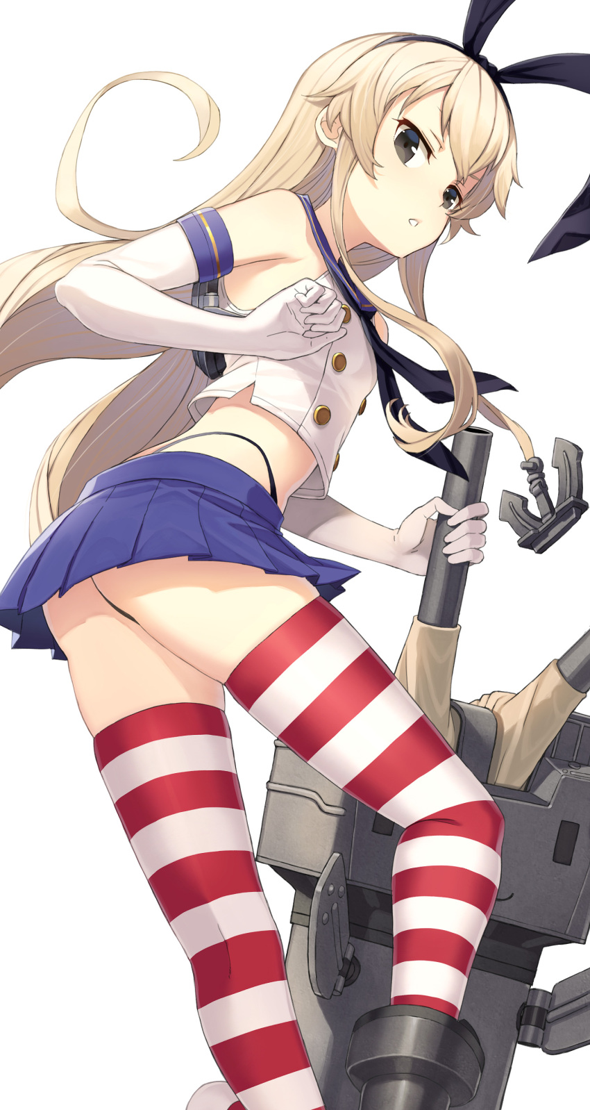 1girl absurdres anchor_hair_ornament ass black_panties blonde_hair bow commentary_request contrapposto elbow_gloves from_behind gloves grey_eyes hair_bow hair_ornament hairband highleg highleg_panties highres itou_(onsoku_tassha) kantai_collection long_hair looking_back midriff open_mouth panties pleated_skirt redrawn rensouhou-chan shimakaze_(kancolle) sidelocks simple_background skirt solo standing string_panties striped_clothes striped_thighhighs thighhighs underwear white_background white_gloves