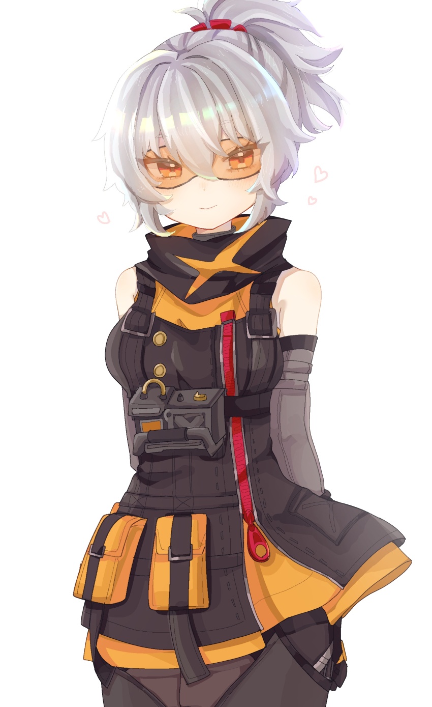 1girl absurdres bare_shoulders black_gloves closed_mouth gloves goggles grey_hair hair_between_eyes highres looking_at_viewer orange_eyes ponytail short_hair simple_background soldier_11_(zenless_zone_zero) solo tinted_eyewear white_hair yellow-tinted_eyewear yu_(pixiv_91499083) zenless_zone_zero