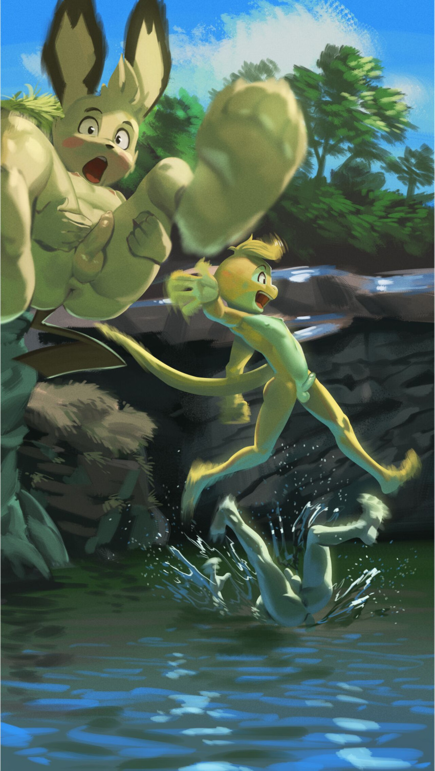3boys anus apis armpits blonde_hair cannonball completely_nude day dimples dunsparce feet furrification furry gen_2_pokemon highres jumping male_focus monster_boy multiple_boys nintendo nude pectorals penis pichu pokemon pokemon_(creature) presenting shota tail testicles tree