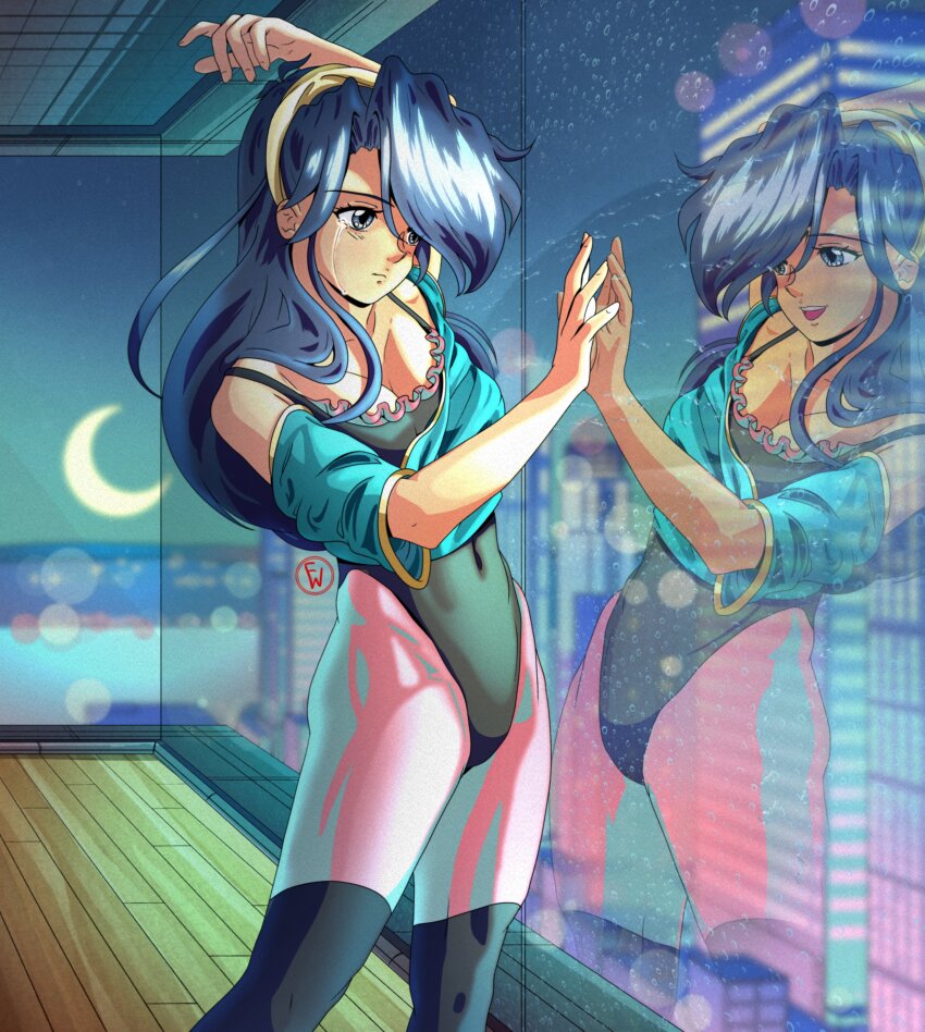 1990s_(style) 1girl absurdres breasts city cityscape cleavage commentary english_commentary fritz_willie highres medium_breasts night night_sky original reflection retro_artstyle sky solo tears
