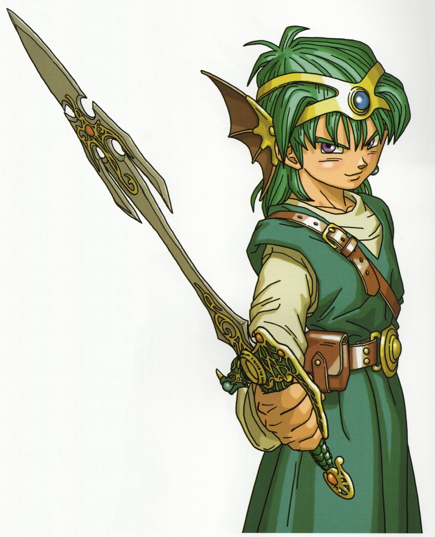 1boy absurdres aqua_tunic belt brown_belt closed_mouth dragon_quest dragon_quest_iv earrings fins gold_headdress green_hair head_fins hero_(dq4) highres holding holding_sword holding_weapon jewelry long_sleeves looking_at_viewer male_focus medium_hair official_art purple_eyes scan shirt single_earring smile solo sword third-party_source toriyama_akira tunic weapon white_background white_shirt zenithian_sword