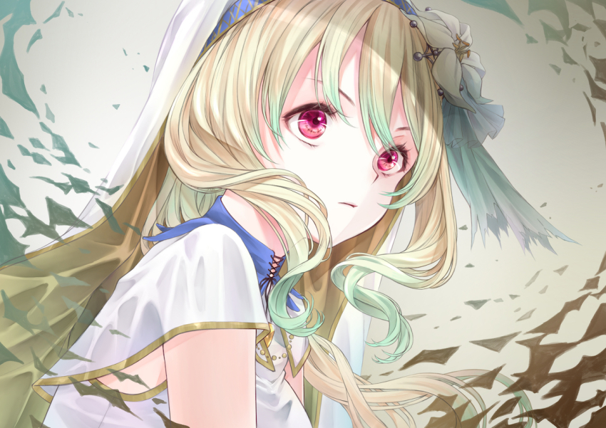 1girl blonde_hair capelet closed_mouth floating_hair flower gradient_hair green_hair grey_background hair_between_eyes hair_flower hair_ornament long_hair magia_record:_mahou_shoujo_madoka_magica_gaiden mahou_shoujo_madoka_magica multicolored_hair red_eyes riri_(ririwaldorf) short_sleeves solo togame_momoko togame_momoko_(sister_ver.) upper_body white_capelet white_flower