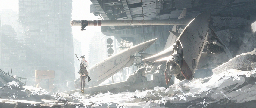1girl 86_-eightysix- anti-materiel_rifle bolt_action building city debris fen_bang_laoda garter_straps gun hat high-waist_skirt highres long_hair long_sleeves military military_uniform multicolored_hair pgm_hecate_ii post-apocalypse rifle rubble ruins scenery skirt sniper_rifle solo standing streaked_hair thighhighs vladilena_millize weapon white_hair xm2_reginleif