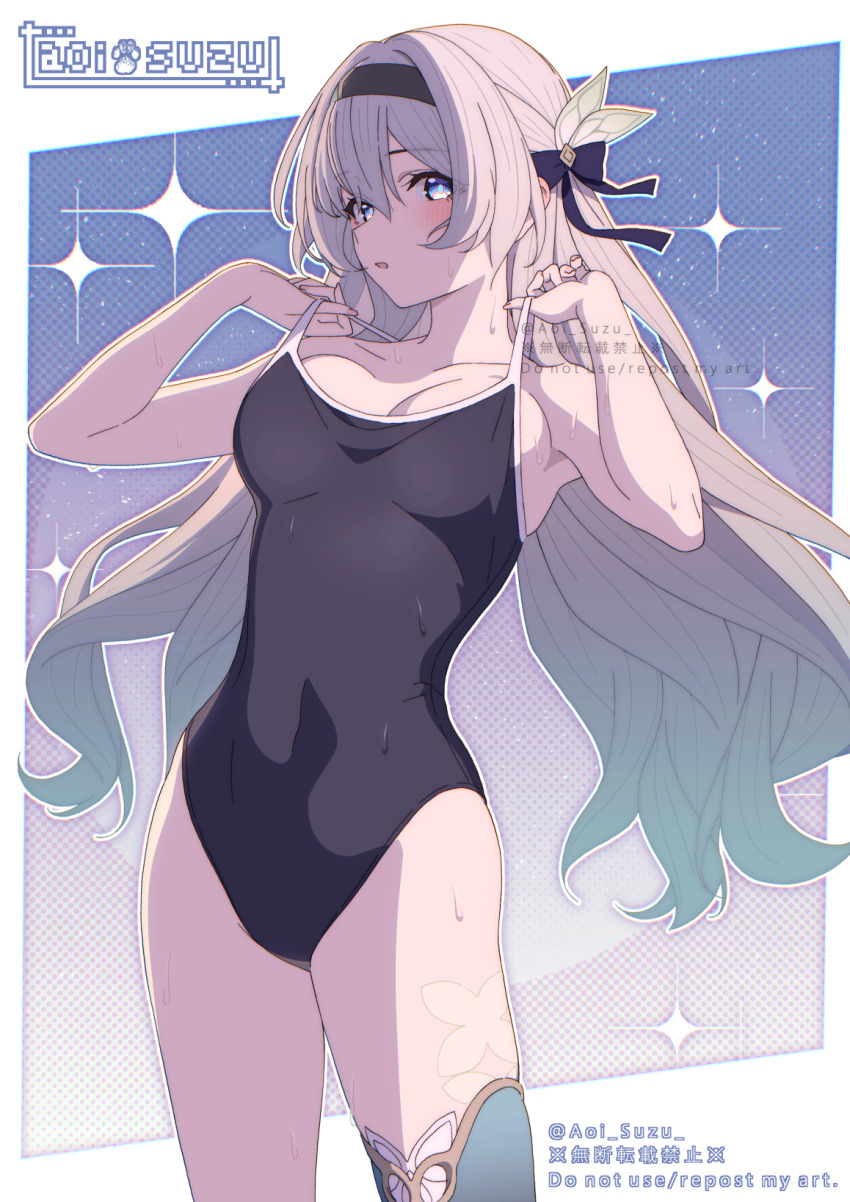 1girl alternate_costume aoi_suzu aqua_eyes aqua_thighhighs armpits black_hairband breasts cleavage firefly_(honkai:_star_rail) gradient_hair grey_hair hair_between_eyes hair_ornament hairband hand_up highres honkai:_star_rail honkai_(series) long_hair looking_at_viewer multicolored_hair parted_lips school_swimsuit single_thighhigh solo standing sweat swimsuit thighhighs