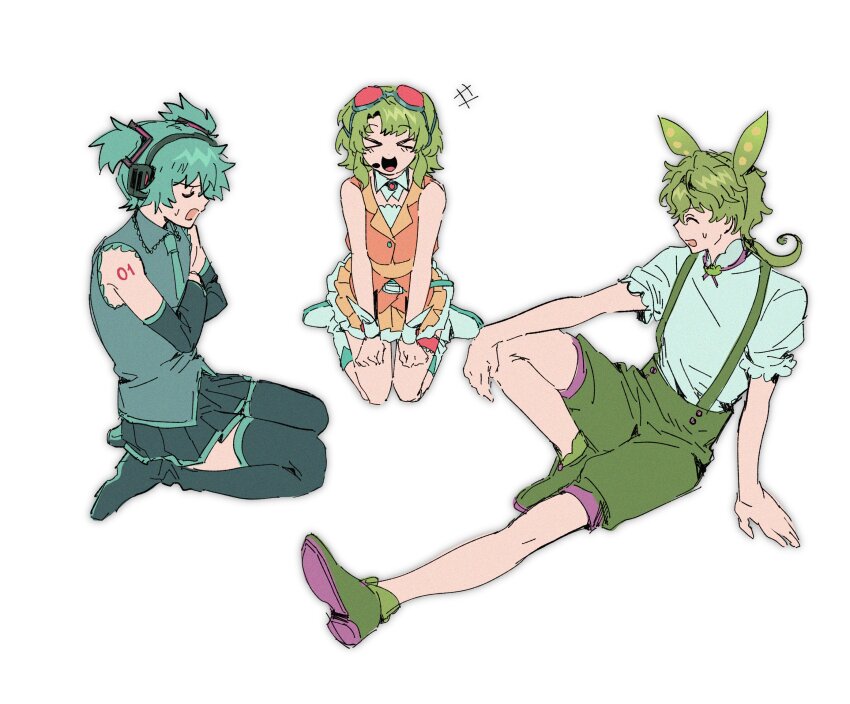 1girl 2boys aqua_hair aqua_necktie black_skirt closed_eyes collared_shirt cosplay full_body green_hair green_shorts grey_shirt gumi gumi_(cosplay) hatsune_miku hatsune_miku_(cosplay) helado_jpg highres hiyori_sou kimi_ga_shine kizuchi_kanna kneeling low_ponytail midori_(kimi_ga_shine) multiple_boys necktie open_mouth orange_vest pleated_skirt ponytail puffy_short_sleeves puffy_sleeves shirt short_hair short_sleeves short_twintails shorts skirt smile suspender_shorts suspenders sweat twintails vest vocaloid voicevox white_shirt yellow_skirt zundamon zundamon_(cosplay)
