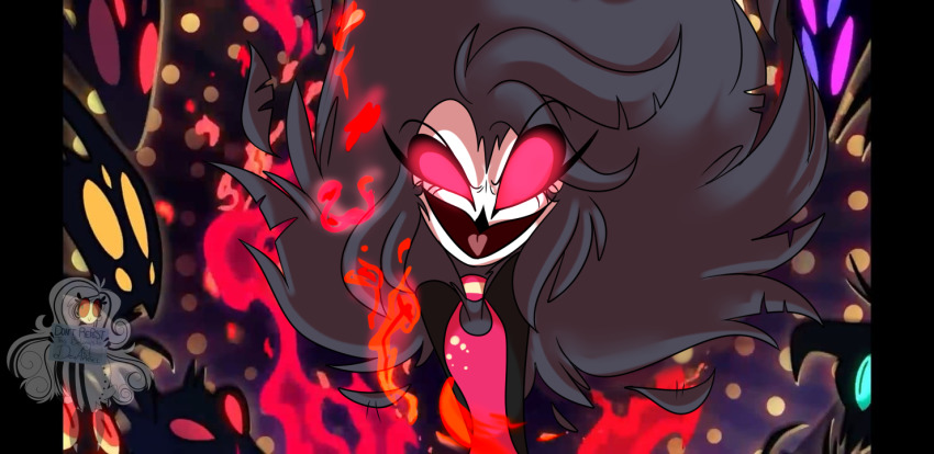 1girl bird_girl demon_girl devastangel evil_smile fire floating_hair helluva_boss octavia_(helluva_boss) red_eyes smile