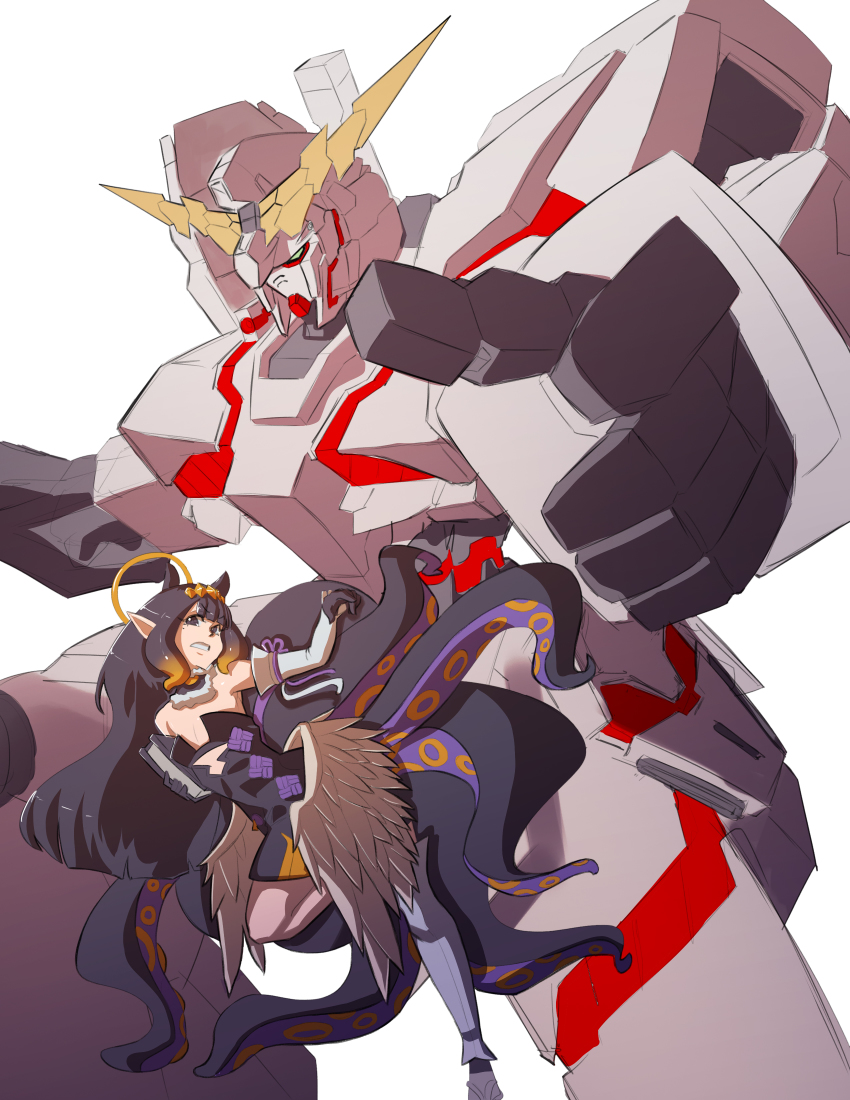 1girl absurdres black_eyes black_hair book clenched_teeth commentary cosmikaizer crossover english_commentary floating green_eyes gundam gundam_unicorn halo highres holding holding_book hololive hololive_english looking_at_viewer looking_down mecha ninomae_ina&#039;nis ninomae_ina&#039;nis_(1st_costume) nt-d open_hand pointy_ears robot teeth tentacles unicorn_gundam v-fin virtual_youtuber