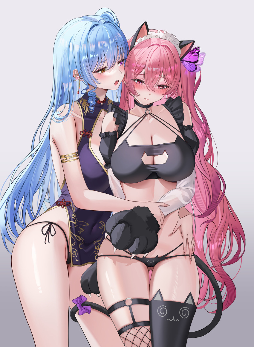 2girls absurdres animal_ears animal_hands black_bra black_panties black_thighhighs blue_hair blush bra breasts butterfly_hair_ornament cat_ears cat_tail china_dress chinese_clothes cleavage cleavage_cutout closed_mouth clothing_cutout commission dress earrings gloves grey_background hair_between_eyes hair_ornament heterochromia highres iino_(isnyong) jewelry large_breasts long_hair looking_at_another maid_headdress multiple_girls open_mouth original panties paw_gloves pink_hair purple_dress purple_eyes red_eyes second-party_source side-tie_panties simple_background sleeveless sleeveless_dress standing tail thighhighs underwear very_long_hair yellow_eyes yuri