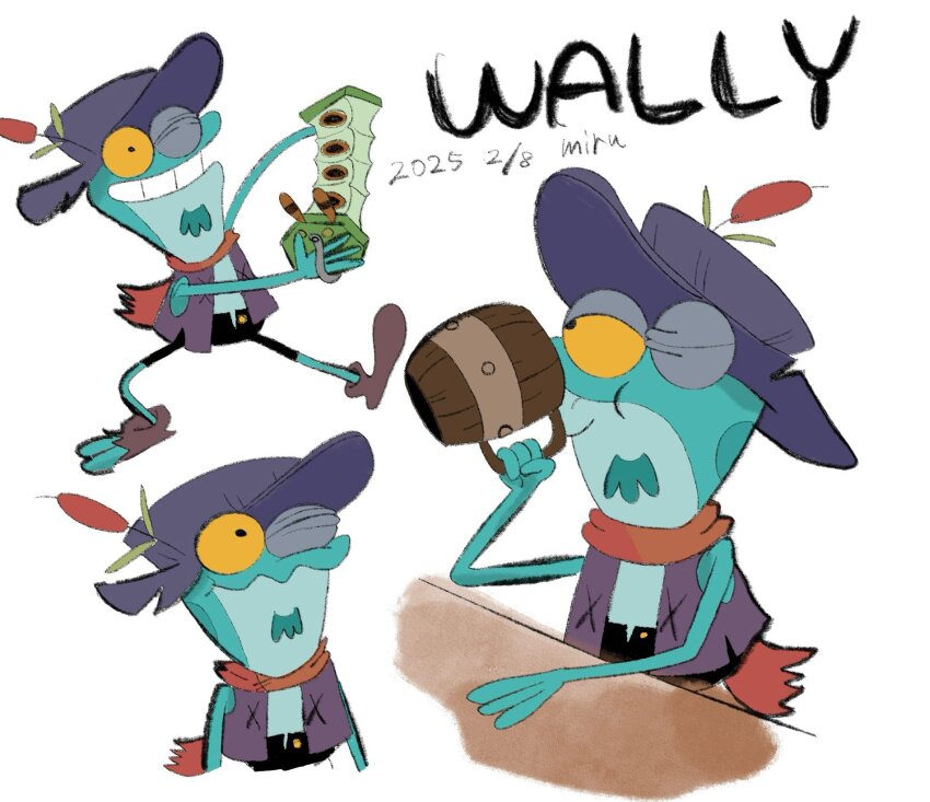 1boy amphibia brown_shoes cattail character_name commentary_request concertina dated drinking frog highres holding holding_instrument instrument ku_260211 male_focus multiple_views one_eye_closed plant shoes smile torn_shoes wally_(amphibia) white_background