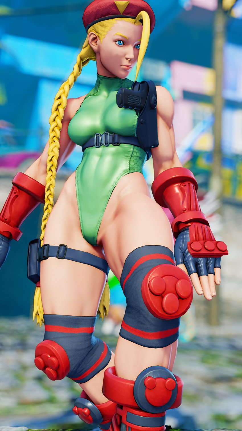 1girl 3d absurdres antenna_hair bare_shoulders blonde_hair blue_eyes braid breasts cammy_white clenched_hand covered_navel curvy full_body gloves green_leotard hat highleg highleg_leotard highres leotard lips long_hair looking_to_the_side medium_breasts red_gloves red_hat ryona screencap shiny_clothes solo street_fighter street_fighter_v thighs third-party_edit thong_leotard twin_braids very_long_hair wide_hips