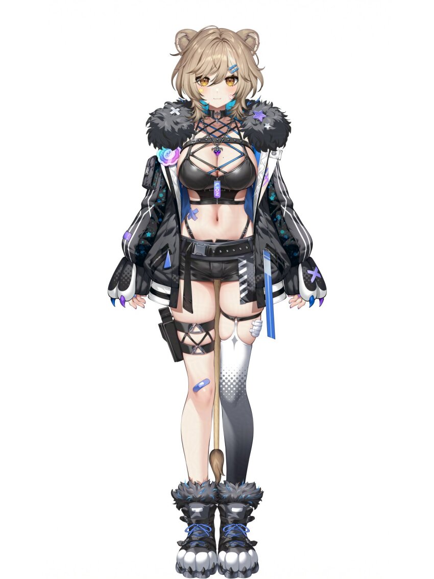 1girl animal_ears belt black_choker black_jacket black_shirt black_shorts boots breasts brown_hair choker cleavage crop_top full_body fur_trim gomashio_ponz hazumi_aileen highleg highres indie_virtual_youtuber jacket large_breasts lion_ears lion_girl lion_tail looking_at_viewer medium_hair midriff mole mole_on_breast multi-strapped_shirt navel open_clothes open_jacket panty_straps paw_shoes shirt short_shorts shorts simple_background single_thighhigh skindentation sleeveless sleeveless_shirt solo spaghetti_strap standing stomach tachi-e tail thigh_strap thighhighs thighs virtual_youtuber white_background yellow_eyes