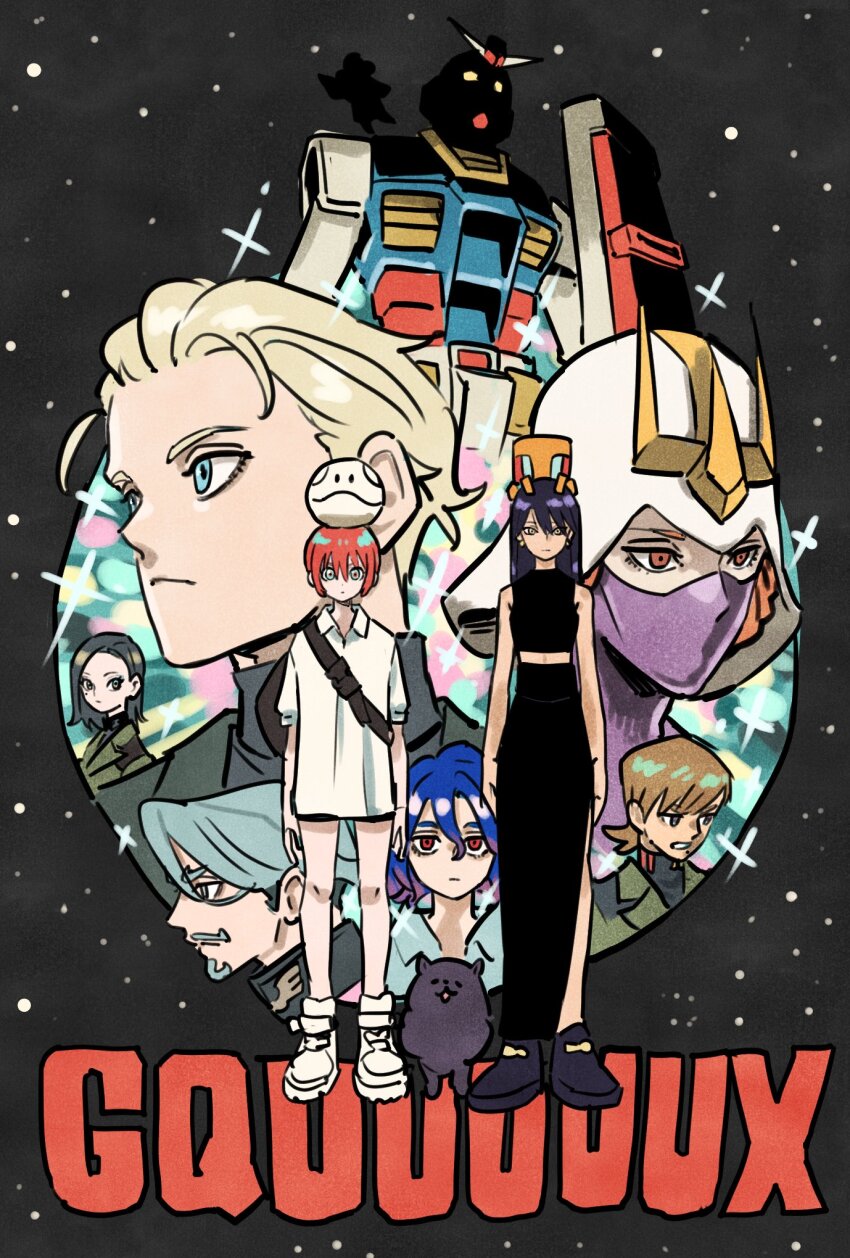 4boys 4girls amate_yuzuriha black_hair black_shirt black_skirt blonde_hair challia_bull char_aznable comoli_harcourt conch_(gundam) copyright_name full_body gundam gundam_gquuuuuux haro helmet highres kycilia_zabi long_skirt mecha mobile_suit multiple_boys multiple_girls nyaan_(gundam_gquuuuuux) red_hair robot rx-78-2_gundam science_fiction shirt shuji_ito skirt takeuchi_ryousuke v-fin white_shirt xavier_olivette