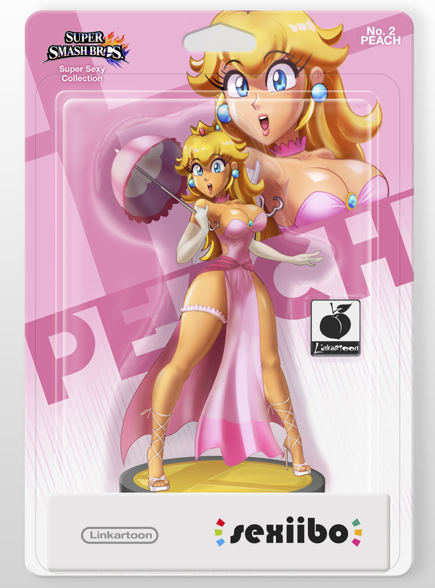 amiibo blue_eyes dress earrings gloves highres jewelry linkartoon mario_(series) nintendo parasol pink_dress pink_lips princess_peach solo super_mario_bros._1 super_smash_bros. umbrella white_gloves