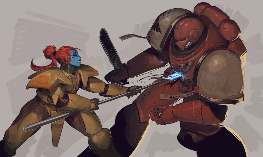1girl 1other adeptus_astartes alien armor blood blue_skin boots breastplate colored_skin fighting helmet highres holding holding_weapon long_hair no_nose pauldrons power_armor red_hair shoulder_armor t&#039;au tungsten_hale warhammer_40k weapon
