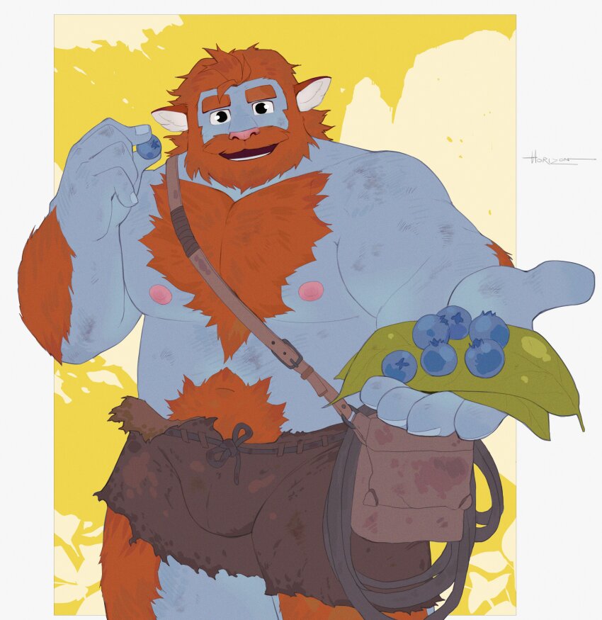 1boy absurdres animal_ears bara beard beard_over_mouth belly blue_fur blue_skin blueberry bulge caveman colored_skin connected_beard cowboy_shot deer_boy deer_ears dirty dirty_face facial_hair food foreshortening fruit full_beard gus_(orcbardneeul) hairy highres holding holding_food holding_fruit huge_eyebrows huge_pectorals incoming_food large_hands male_focus mature_male merdekyle muscular muscular_male mustache navel navel_hair nipples orange_fur original outstretched_hand pants reaching reaching_towards_viewer sanpaku second-party_source short_hair solo standing stomach thick_beard thick_leg_hair thick_mustache thick_navel_hair topless_male torn_clothes torn_pants