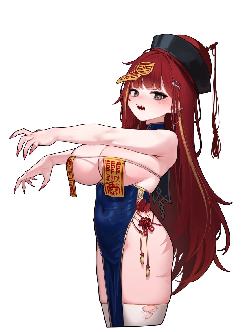 1girl absurdres akane_lize alternate_costume armpit_crease bare_arms bare_shoulders black_eyes black_hat breast_curtains breasts cleavage covered_navel cropped_legs earrings fingernails gold_trim hair_ornament hairclip hat highres jewelry jiangshi_costume large_breasts long_hair looking_at_viewer mole mole_on_breast mole_under_eye multicolored_hair no_panties ofuda open_mouth outstretched_arms pelvic_curtain qingdai_guanmao red_hair sangobob sharp_fingernails sharp_teeth simple_background solo stellive streaked_hair teeth thighhighs thighs torn_clothes torn_thighhighs very_long_hair virtual_youtuber white_background white_thighhighs