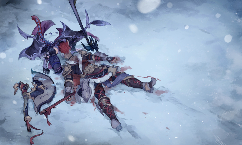 2boys animal_ears axe battle_axe blood_on_snow boots broken broken_weapon cat_boy cat_ears cat_tail choker final_fantasy final_fantasy_xiv fingerless_gloves gloves gyou_chin highres injury kiss lying male_focus miqo&#039;te multiple_boys on_back polearm red_hair snow tail warrior_of_light_(ff14) weapon winter yaoi
