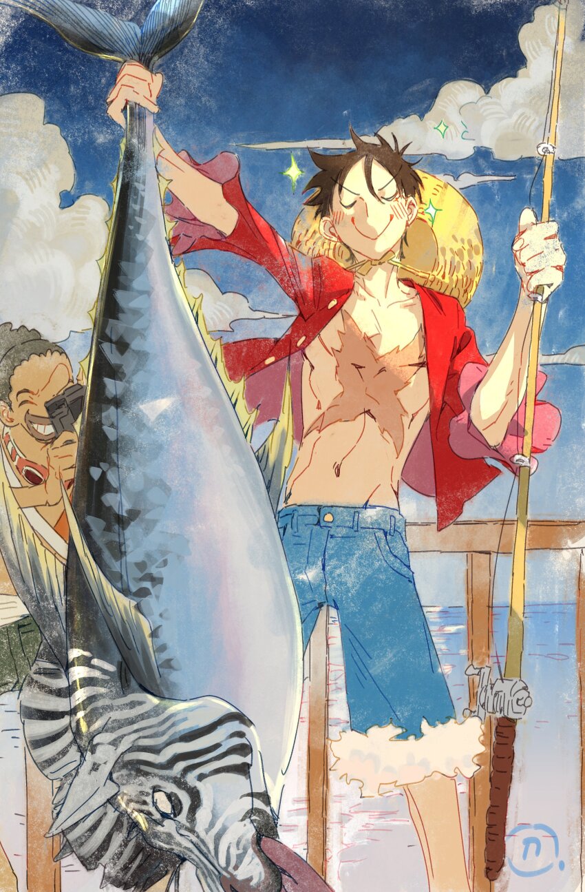 2024 2boys absurdres animal black_hair blue_shorts blue_sky blush camera closed_eyes cross_scar denim fish fishing fishing_rod hat highres holding holding_animal holding_fish holding_fishing_rod jacket jeans monkey_d._luffy multiple_boys one_piece pants red_jacket scar scar_on_chest shorts signature siyangou49 sky smile sparkle straw_hat taking_picture usopp zebra