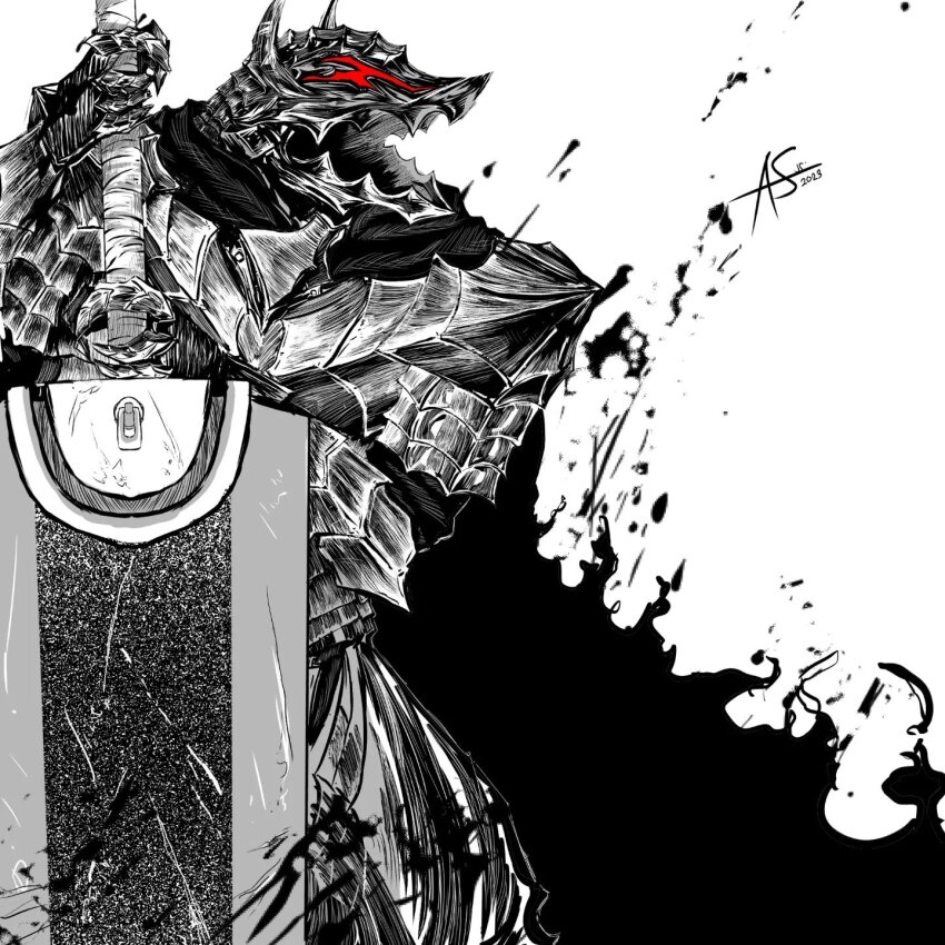 1boy 2023 anthoniarts armor artist_name berserk berserker_armor black_armor black_cape breastplate cape commentary english_commentary from_side gauntlets guts_(berserk) highres holding holding_sword holding_weapon looking_ahead looking_to_the_side male_focus open_mouth partially_colored red_eyes scratches signature solo sword weapon white_background wolf_head