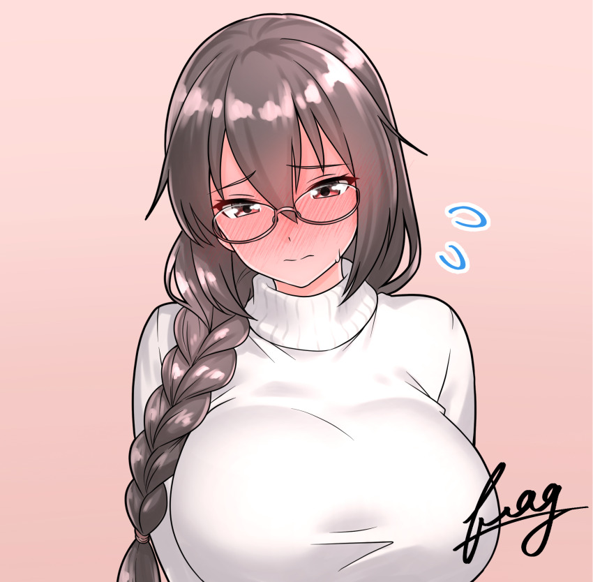 1girl alternate_hairstyle artist_name braid breasts brown_hair commentary_request embarrassed furaggu_(frag_0416) glasses highres kantai_collection large_breasts long_hair nagato_(kancolle) pink_background portrait red_eyes semi-rimless_eyewear single_braid solo sweater turtleneck turtleneck_sweater under-rim_eyewear watermark white_sweater