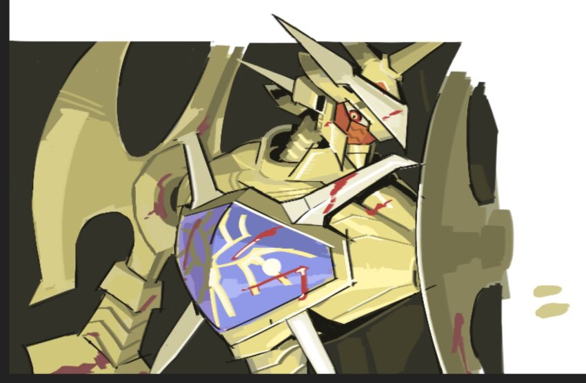 armor digimon digimon_(creature) durandamon looking_at_viewer red_eyes solo sword weapon