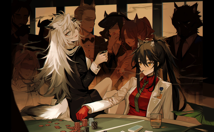 2girls absurdres alternate_color animal_ear_fluff animal_ears arknights arm_at_side black_hair blue_flower breasts card cigarette closed_mouth collared_shirt commentary_request crossed_legs cup flower gloves grey_eyes hair_between_eyes hair_ornament hairclip hand_up highres holding holding_cup indoors jacket lapels lappland_(arknights) long_hair long_sleeves looking_ahead looking_at_viewer looking_back medium_breasts meng_ziya messy_hair multiple_boys multiple_girls necktie notched_lapels one_eye_closed open_clothes open_jacket parted_lips playing_card poker_chip poker_table ponytail red_gloves red_shirt scar scar_across_eye scar_on_face shirt sidelocks sitting sitting_on_table sleeve_cuffs smoking table tail texas_(arknights) texas_(willpower)_(arknights) white_jacket wolf_ears wolf_girl wolf_tail