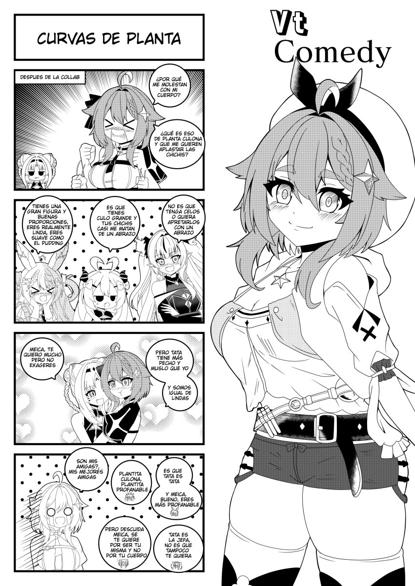 5girls 5koma :t absurdres akugaki_koa animal_ears annoyed atelier_(series) atelier_ryza bare_shoulders belt breasts child cleavage close-up closed_eyes closed_mouth comic cosplay crossed_arms demon_girl detached_sleeves dot_nose embarrassed eyebrows eyelashes feet_out_of_frame female_focus gloves greyscale hands_on_own_face hat highres hood hood_down hooded_jacket horns hug chromashift jacket kimura_tao lalabell_lullaby large_breasts long_hair looking_at_another medium_hair meica_(vtuber) meica_(vtuber)_(1st_costume) monochrome multiple_girls naughty_face off-shoulder_shirt off_shoulder open_mouth pointy_ears rabbit_ears rabbit_girl reisalin_stout reisalin_stout_(cosplay) ruby_runeheart shirt short_shorts shorts shrug_(clothing) side_cape simple_background size_difference sleeveless sleeveless_jacket sleeveless_shrug slit_pupils smile spanish_text speech_bubble taiga_toragami tears thighhighs tiger_ears tiger_girl translated two_side_up upper_body virtual_youtuber