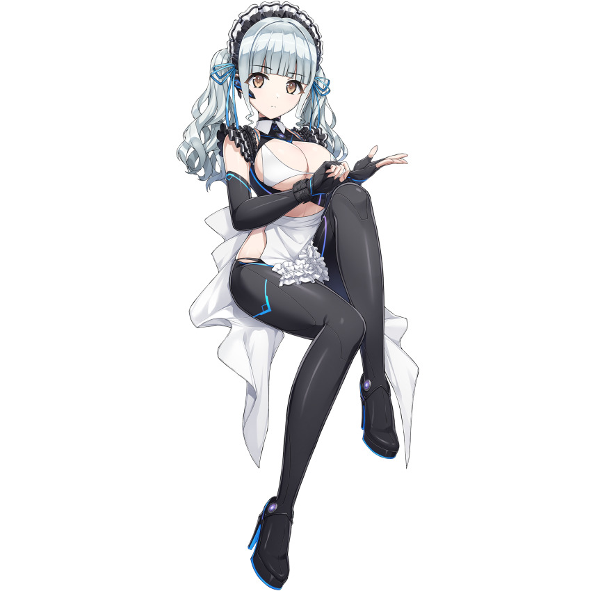 1girl apron bikini bluetooth_headset blunt_bangs boots breasts brown_eyes choker cleavage deadpan dolphin_wave elbow_gloves fingerless_gloves frilled_apron frilled_choker frills game_cg gloves grey_hair high_heel_boots high_heels highres long_hair looking_at_viewer maid maid_apron maid_bikini maid_headdress medium_breasts nagato_mei non-web_source official_alternate_costume official_art ootomo_takuji sitting swimsuit thigh_boots transparent_background twintails unconventional_maid waist_apron wavy_hair white_apron