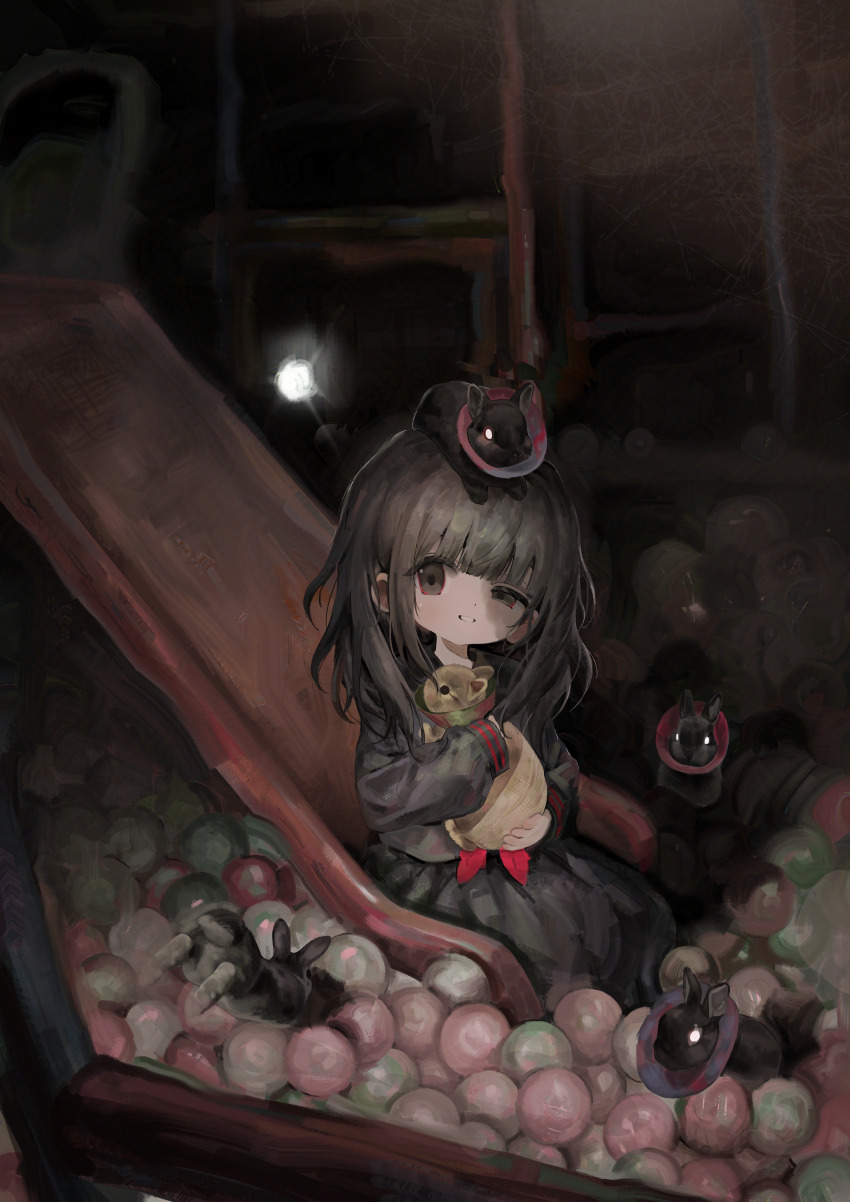 1girl absurdres animal animal_on_head ball_pit black_eyes black_hair black_rabbit_(animal) black_serafuku black_shirt black_skirt burn_scar child commentary_request doubutsunoujyou full_body grin half-closed_eye highres holding holding_animal long_hair long_sleeves looking_at_viewer multicolored_eyes neckerchief on_head original pet_cone rabbit red_eyes red_neckerchief scar school_uniform serafuku shirt sitting skirt slide smile solo two-tone_eyes