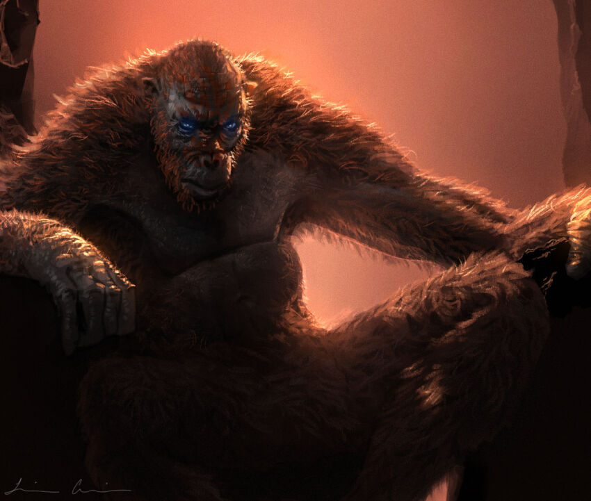 ape bald blood blue_eyes crossover facepaint giant giant_monster glowing glowing_eyes godzilla_(series) godzilla_x_kong:_the_new_empire kaiju king_kong_(series) legendary_pictures luis_garcia monster monsterverse no_humans orangutan realistic sitting skar_king throne war_paint