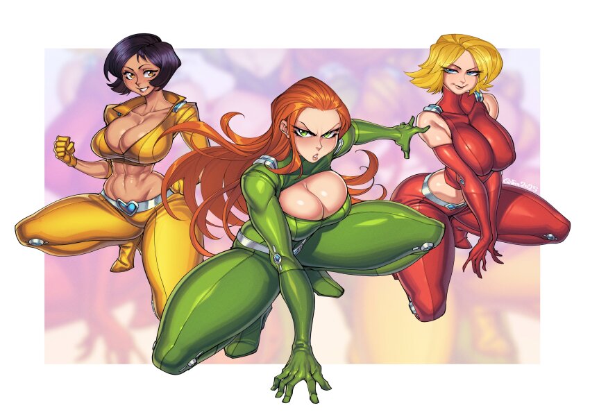 3girls absurdres adapted_costume alex_(totally_spies) bare_shoulders black_hair blonde_hair blue_eyes bodysuit breasts cleavage clover_(totally_spies) commentary commission dark-skinned_female dark_skin english_commentary gofa green_bodysuit green_eyes highres large_breasts long_hair metal_belt midriff multiple_girls open_mouth orange_hair red_bodysuit sam_(totally_spies) short_hair simple_background smile spread_legs totally_spies white_background yellow_bodysuit