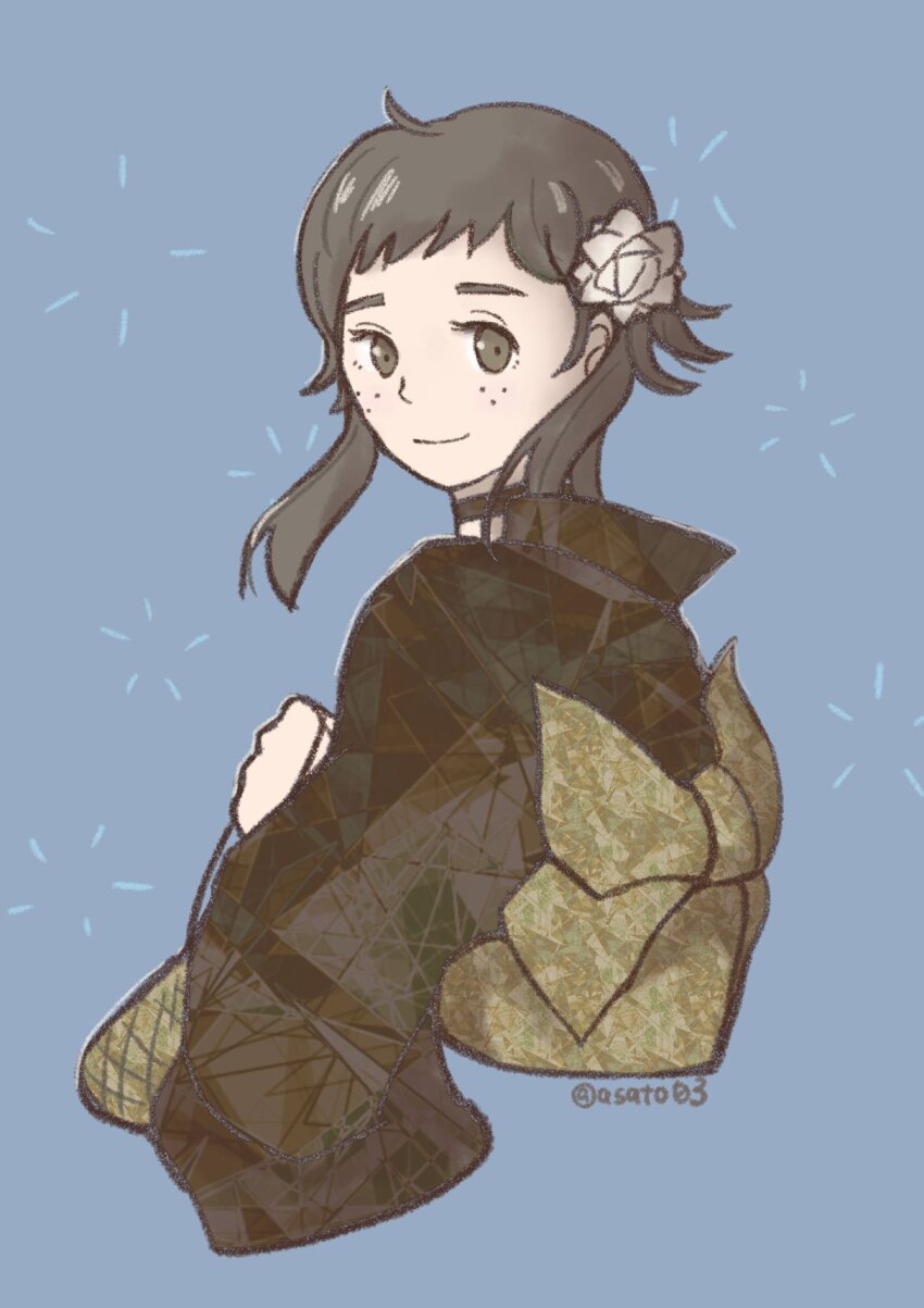 1girl alternate_costume asato03 brown_eyes brown_hair choker fire_emblem fire_emblem_fates flower freckles hair_flower hair_ornament highres japanese_clothes looking_at_viewer mozu_(fire_emblem) nintendo solo