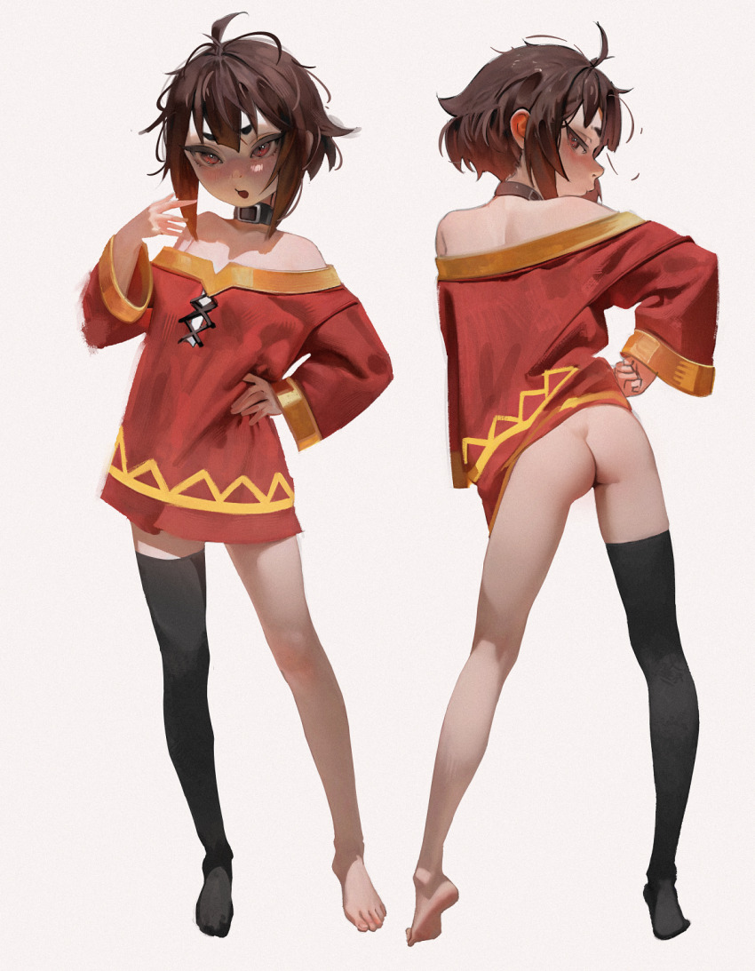 1girl ass barefoot brown_hair collar collarbone dress highres kono_subarashii_sekai_ni_shukufuku_wo! loli long_sleeves looking_at_viewer looking_back megumin multiple_views off-shoulder_dress off_shoulder red_eyes short_dress short_hair_with_long_locks single_thighhigh standing tagme thighhighs white_background yoko-chan_(mijizukeyoko)