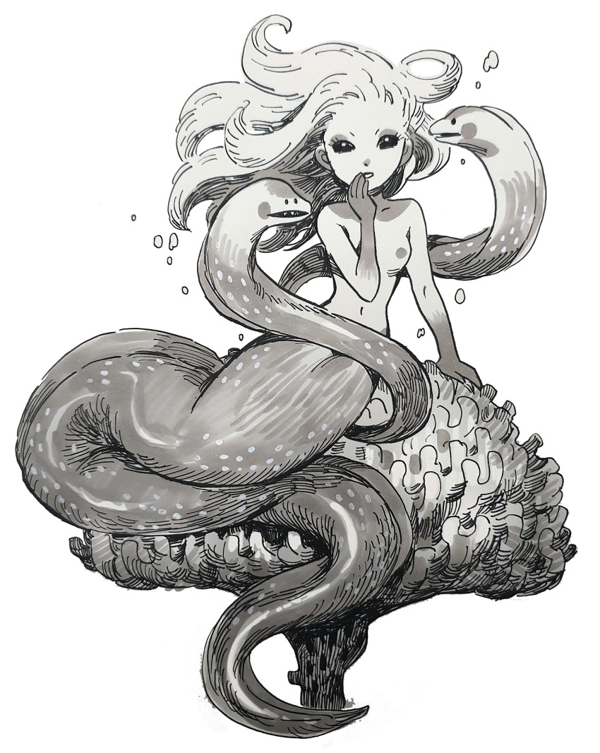 1girl air_bubble animal black_eyes bubble colored_skin completely_nude coral eel eel_girl floating_hair full_body grey_hair grey_skin greyscale hand_over_face hand_up highres long_hair looking_at_viewer monochrome nude open_mouth original prema-ja simple_background sitting solo white_background
