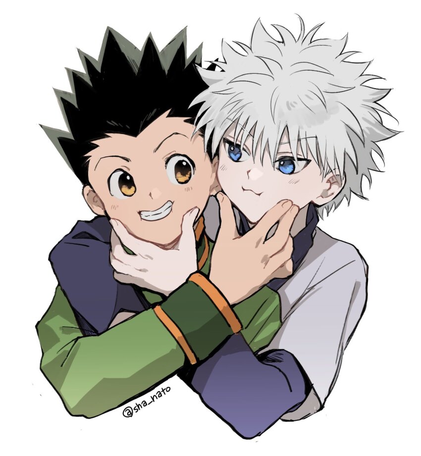2boys arm_around_shoulder arm_up black_hair blue_eyes blue_hair blue_shirt brown_eyes cheek_pinching commentary_request cropped_torso eye_contact gon_freecss green_jacket grin hair_between_eyes hand_on_another&#039;s_face highres hunter_x_hunter jacket killua_zoldyck layered_sleeves long_sleeves looking_at_another male_focus multiple_boys pinching sha_nato shirt short_hair short_over_long_sleeves short_sleeves simple_background sleeve_cuffs smile teeth turtleneck white_background white_shirt widow&#039;s_peak