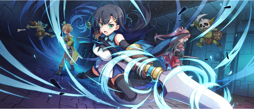 2others 3girls armor bare_shoulders belt belt_around_waist black_footwear black_gloves black_hair black_sleeves black_thighhighs blonde_hair blue_necktie blue_skirt boots breasts brown_belt brown_footwear brown_gloves cielo_(konosuba) detached_sleeves dress erika_(konosuba) game_cg gloves goblin green_dress green_eyes hair_ornament hairclip highres holding holding_polearm holding_weapon kono_subarashii_sekai_ni_shukufuku_wo! konosuba!_fantastic_days lia_(konosuba) light_blush long_hair medium_breasts multiple_girls multiple_others necktie official_art pink_hair polearm red_dress red_eyes red_skirt red_thighhighs ribbon shirt short_hair shoulder_armor single_shoulder_pad skirt sleeveless sleeveless_shirt solo_focus thighhighs twintails weapon white_ribbon white_shirt zettai_ryouiki