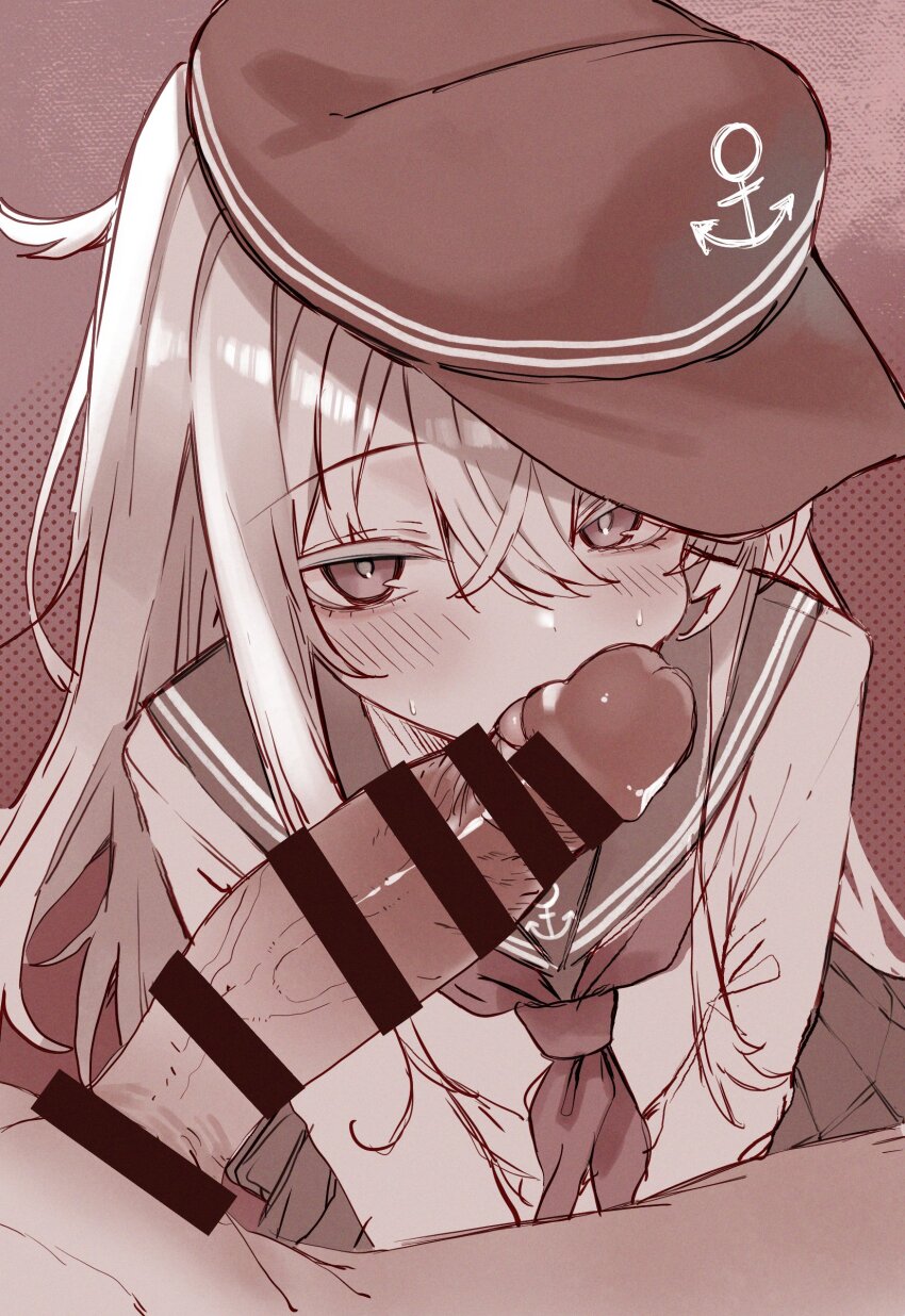 1boy 1girl absurdres anchor_symbol bar_censor censored fellatio flat_cap hat hibiki_(kancolle) highres kantai_collection loli long_hair long_sleeves monochrome neckerchief oral penis sailor_collar school_uniform serafuku shirt suujiniku