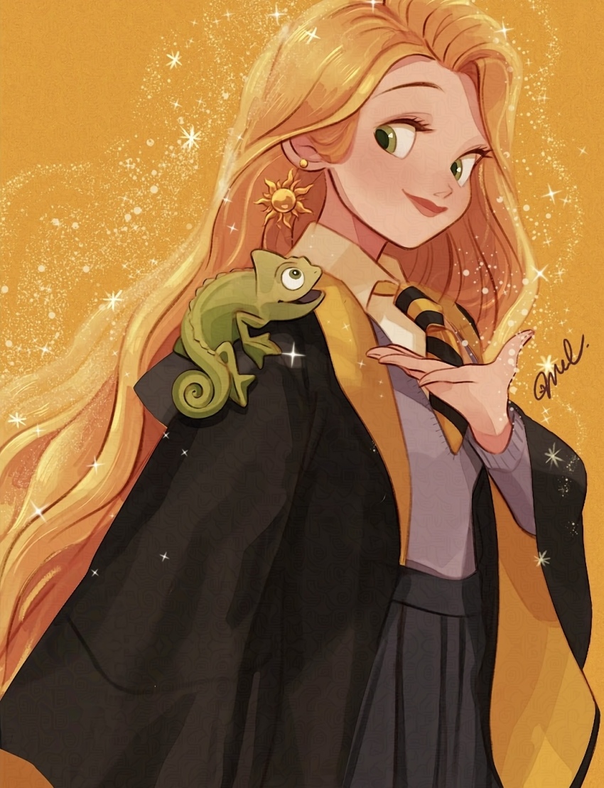 1girl alternate_costume black_necktie black_robe black_skirt blonde_hair chameleon collared_shirt grey_sweater highres long_hair melchencanto necktie open_clothes open_robe pascal_(tangled) rapunzel_(disney) robe shirt signature skirt solo striped_necktie sweater tangled two-tone_necktie upper_body white_shirt yellow_background yellow_necktie