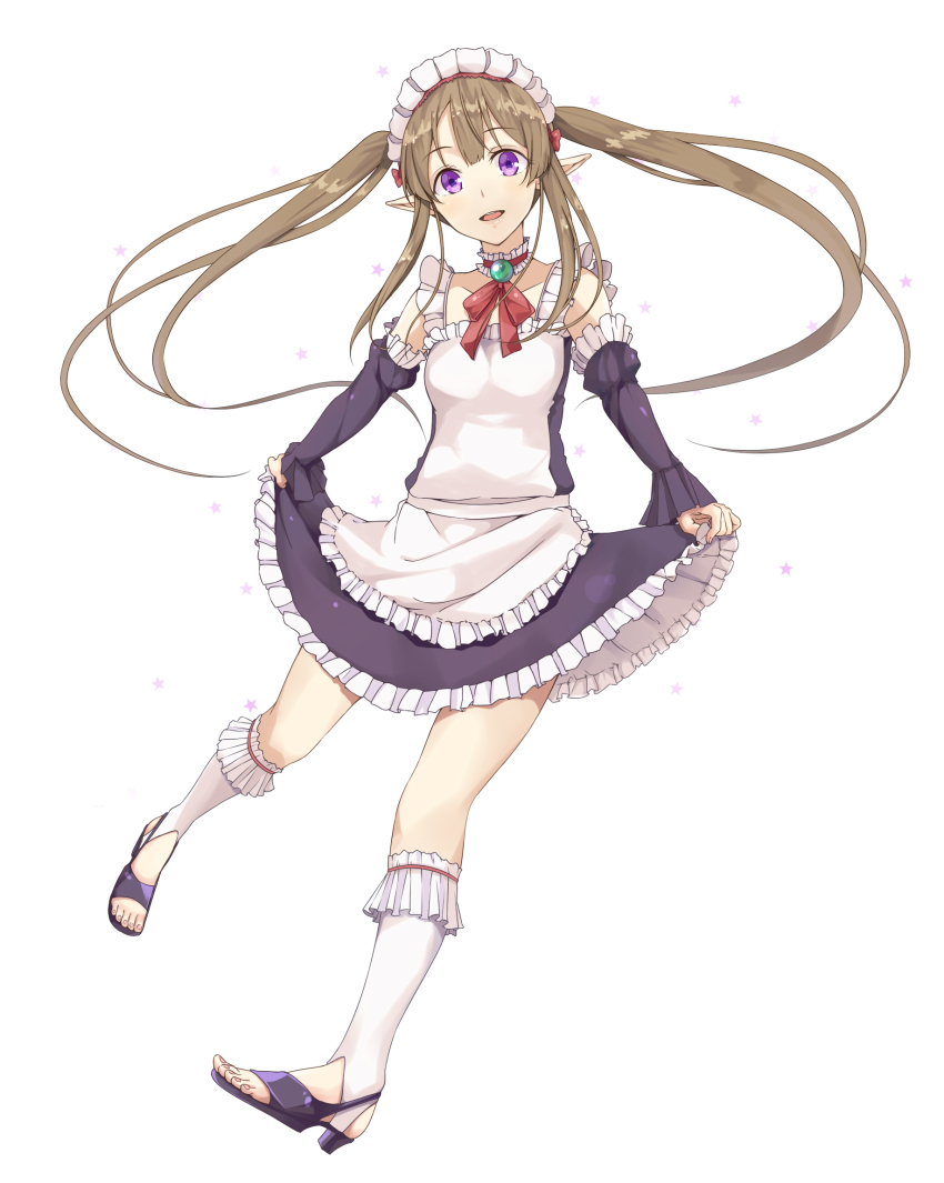 10s 1girl apron bad_id bad_pixiv_id black_dress brown_hair choker collarbone detached_sleeves dress female_focus floating_hair frilled_dress frills full_body haine head_tilt highres kneehighs long_hair looking_at_viewer maid_headdress myucel_foalan open_mouth outbreak_company pointy_ears purple_eyes red_ribbon ribbon short_dress simple_background skirt_hold sleeveless sleeveless_dress socks solo twintails very_long_hair white_apron white_background white_socks