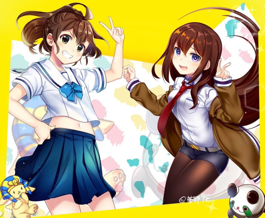 2girls arm_belt black_shorts blue_bow blush bow braid breast_pocket breasts brown_eyes brown_hair brown_jacket chest_bow chuo_tanegashima_high_school_uniform collared_shirt cropped_shirt embarrassed fingernails grin hair_between_eyes hair_over_shoulder half_up_braid high_ponytail in-franchise_crossover jacket jacket_partially_removed long_hair looking_at_viewer makise_kurisu midriff multiple_girls navel necktie open_mouth pantyhose pantyhose_under_shorts phinx_(robotics;notes) pocket ponytail ponytail_with_braided_base purple_eyes purple_trim red_necktie ringed_eyes robotics;notes rotte_(1109) sailor_collar school_uniform science_adventure senomiya_akiho shiny_lips shirt short_shorts short_sleeves shorts small_breasts smile steins;gate thighhighs tongue upa_(steins;gate) v very_long_hair wavy_mouth white_sailor_collar white_shirt