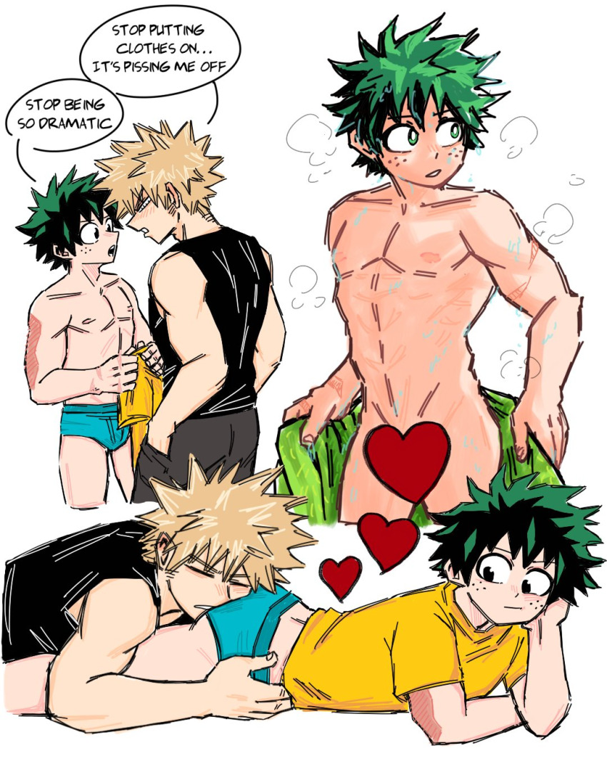 2boys abs after_bathing ass bakudeku bakugou_katsuki bare_legs blonde_hair blush boku_no_hero_academia bones_(company) censored completely_nude curly_hair embarrassed face_in_ass face_on_ass freckles green_eyes green_hair legs lying messy_hair midoriya_izuku multiple_boys muscular nude on_stomach pectorals scar scar_on_arm shirt shota shounen_jump spiked_hair towel underwear yaoi