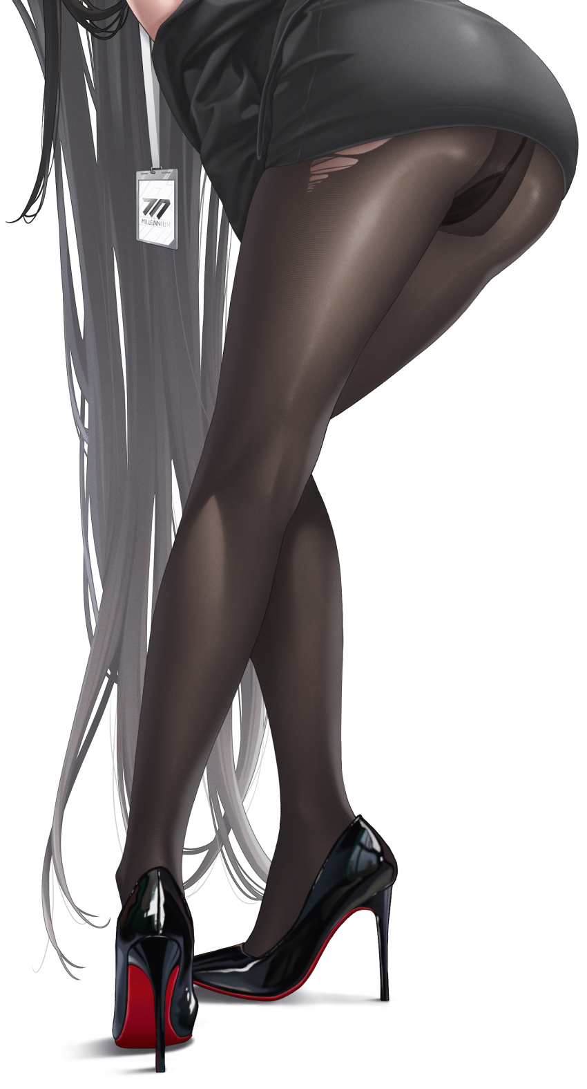 1girl absurdly_long_hair absurdres ass black_hair black_pantyhose black_shoes black_skirt blue_archive chenyuki christian_louboutin_(brand) high_heels highres id_card lanyard leg_focus legs long_hair long_legs louboutins lower_body panties panties_under_pantyhose pantyhose patent_heels pumps red_soles rio_(blue_archive) shoes simple_background skirt solo stiletto_heels thighs torn_clothes torn_pantyhose underwear very_long_hair white_background
