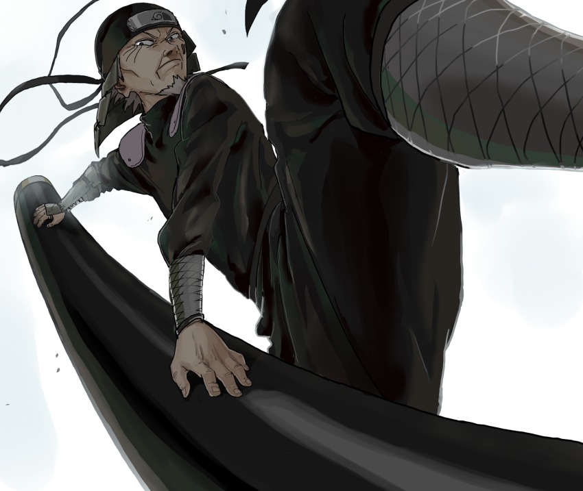 1boy beard facial_hair forehead_protector highres kuukai_(adexi) male_focus naruto_(classic) naruto_(series) sarutobi_hiruzen solo staff weapon white_background white_hair
