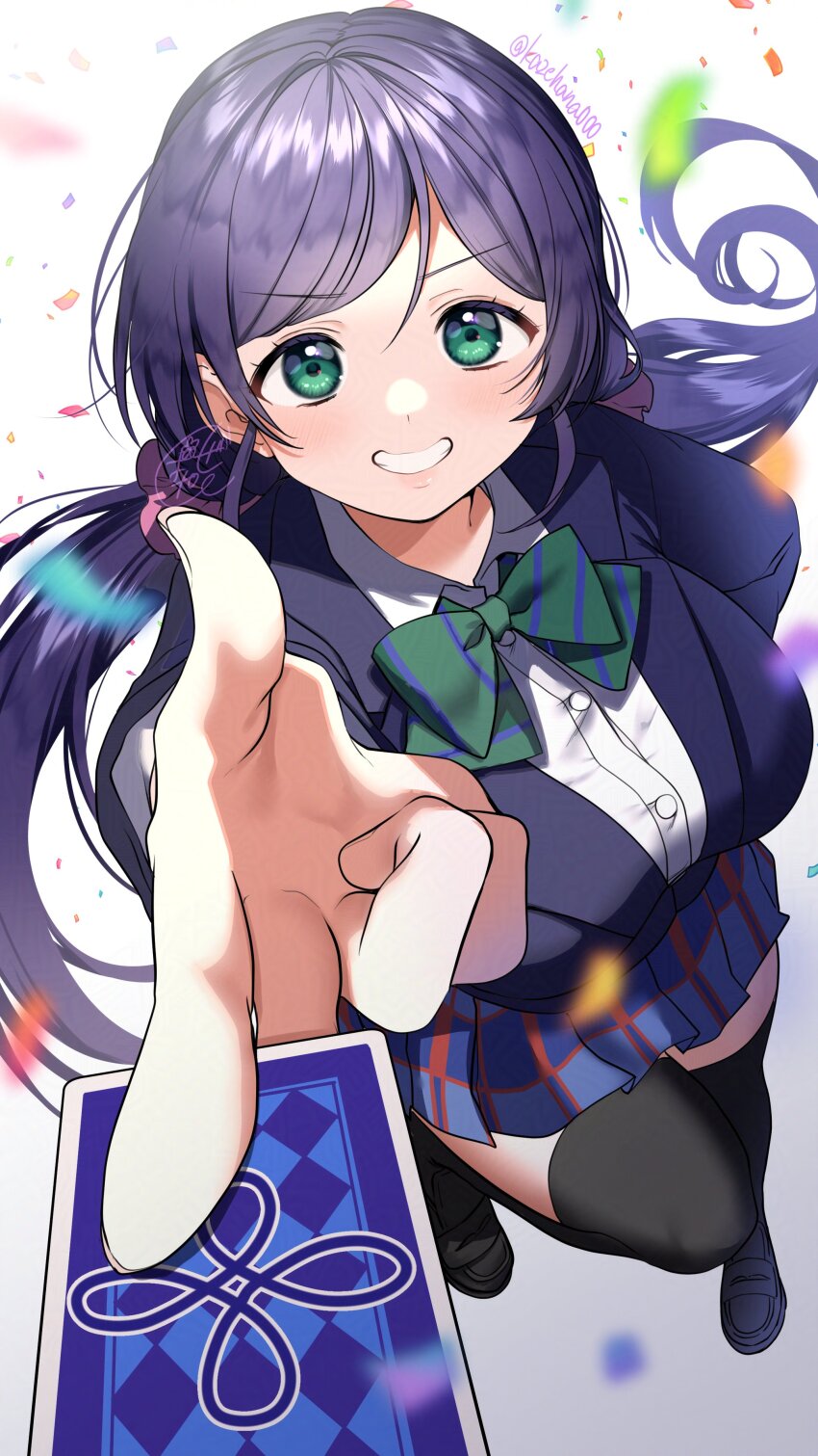 1girl absurdres artist_name black_shoes black_thighhighs blue_jacket blue_skirt breasts card commentary_request confetti foreshortening green_eyes green_ribbon grin hair_ornament hair_scrunchie hand_focus highres holding holding_card jacket kazepana large_breasts long_hair looking_at_viewer love_live! love_live!_school_idol_project low_twintails neck_ribbon otonokizaka_school_uniform purple_hair ribbon school_uniform scrunchie shirt shoes skirt smile solo thighhighs tojo_nozomi twintails twitter_username white_background white_shirt