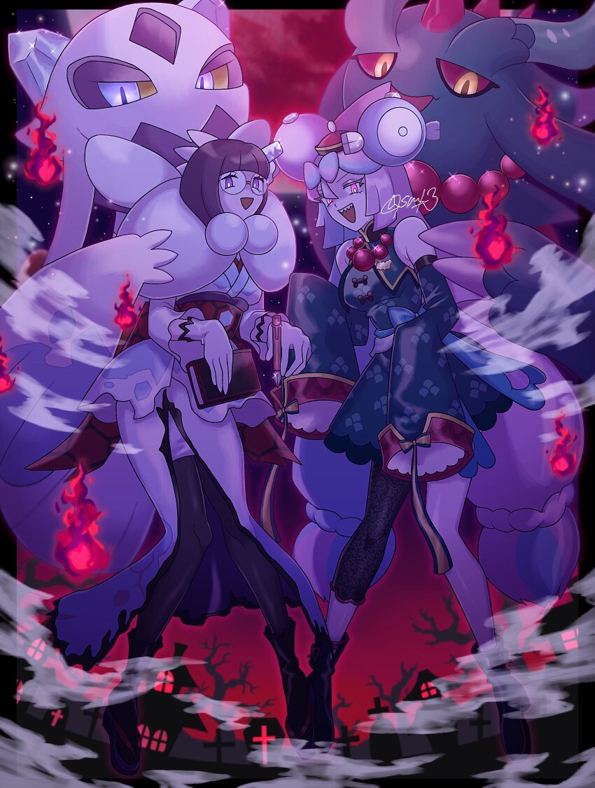 2girls :d blue_hair book bow-shaped_hair character_hair_ornament cross detached_sleeves dress flutter_mane froslass full_body gen_4_pokemon glasses gloves hair_ornament hat highres holding holding_book holding_pen iono_(fall_2024)_(pokemon) iono_(pokemon) japanese_clothes jiangshi_costume kimono long_hair long_sleeves looking_at_viewer multicolored_hair multiple_girls nintendo official_alternate_costume open_mouth pen pink_eyes pink_hair pokemon pokemon_(creature) pokemon_masters_ex purple_eyes purple_hair sanno_(snn_3) sharp_teeth shauntal_(fall_2024)_(pokemon) shauntal_(pokemon) short_hair sleeves_past_fingers sleeves_past_wrists smile teeth tombstone twintails two-tone_hair upper_teeth_only very_long_hair white_gloves white_kimono wide_sleeves