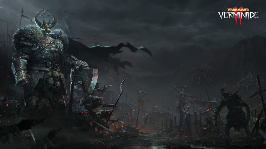 armor axe banner battle_axe chaos_(warhammer) dark fake_horns glowing helmet highres horned_helmet horns mouse_(animal) official_art official_wallpaper plate_armor vermintide vermintide_2 war_hammer warhammer warhammer_fantasy weapon