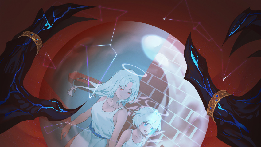 2girls :o angel bad_id bad_pixiv_id bare_arms bare_shoulders blue_eyes breasts cleavage closed_mouth detached_wings dress dutch_angle fantasy glass halo highres jewelry large_breasts long_hair looking_away multiple_girls orb original out_of_frame pov pov_hands red_background red_eyes ring sash short_hair side_slit sleeveless sleeveless_dress smile transparent_wings wangxiii white_dress white_hair wings