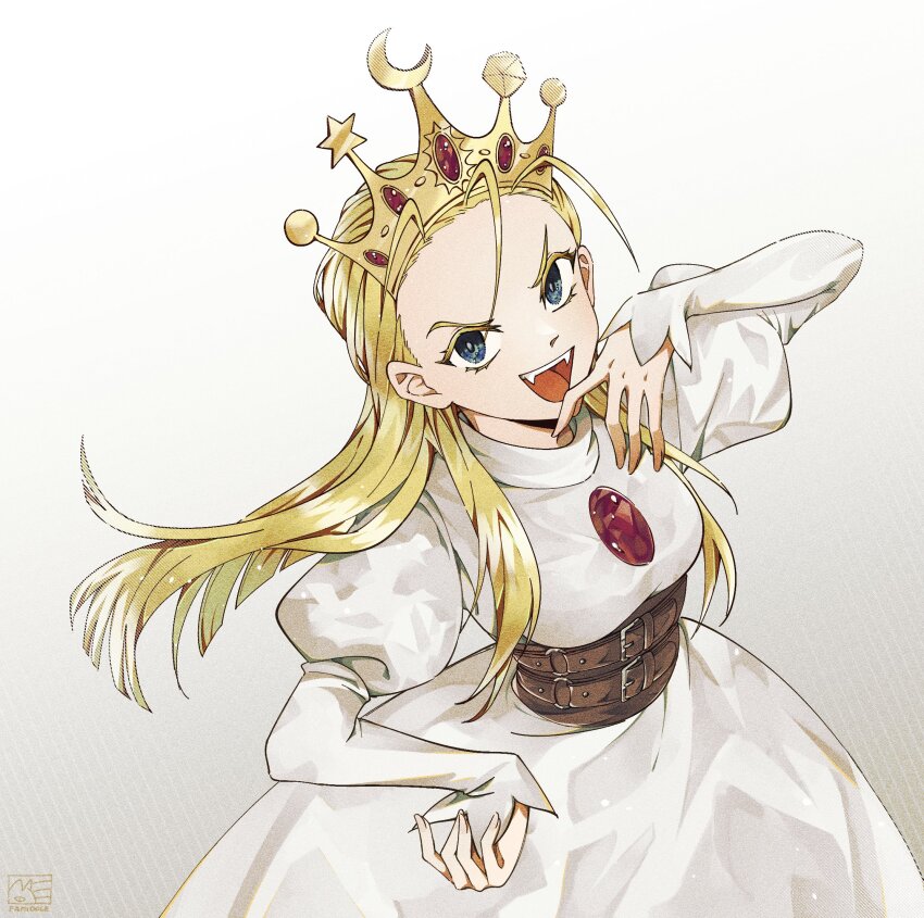 1girl belt belt_around_waist black_corset blonde_hair blue_eyes bougamot chest_jewel colored_eyelashes corset crown cyberbots devilot_de_deathsatan_ix dress fangs forehead from_above gem hair_slicked_back hand_on_own_hip hand_to_own_mouth hand_up highres jeweled_crown juliet_sleeves long_dress long_hair long_sleeves looking_at_viewer looking_up multiple_belts ojou-sama_pose open_mouth princess puffy_sleeves red_gemstone smile solo white_dress